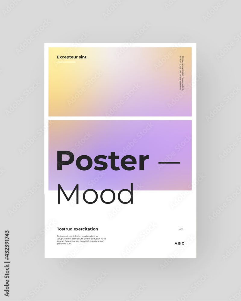 Abstract Placard, Poster, Flyer, Banner Design. Colorful gradient figure on vertical A4 format. Holographic effect. Decorative neon backdrop. Gradient shapes and large typography. Vector Eps10.