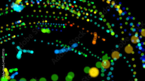 Abstract rotating flight of colorful balls in endless space. Beautiful multi-colored balloons. Festive, solemn, beautiful, stage background. Isolated black background.