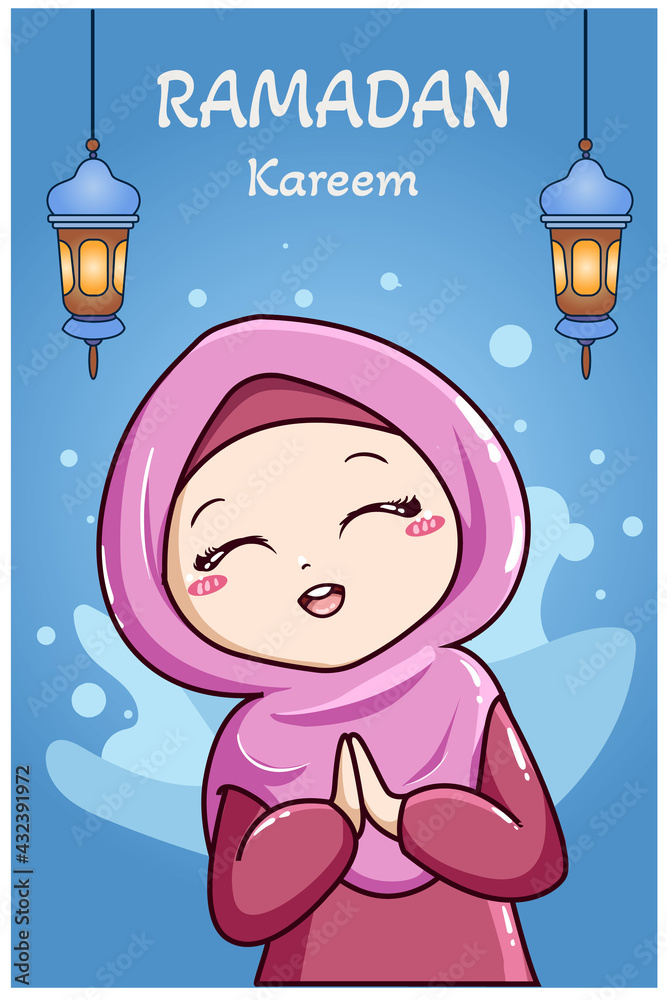 Muslim girl celebrating ramadan kareem cartoon illustration Stock Vector |  Adobe Stock