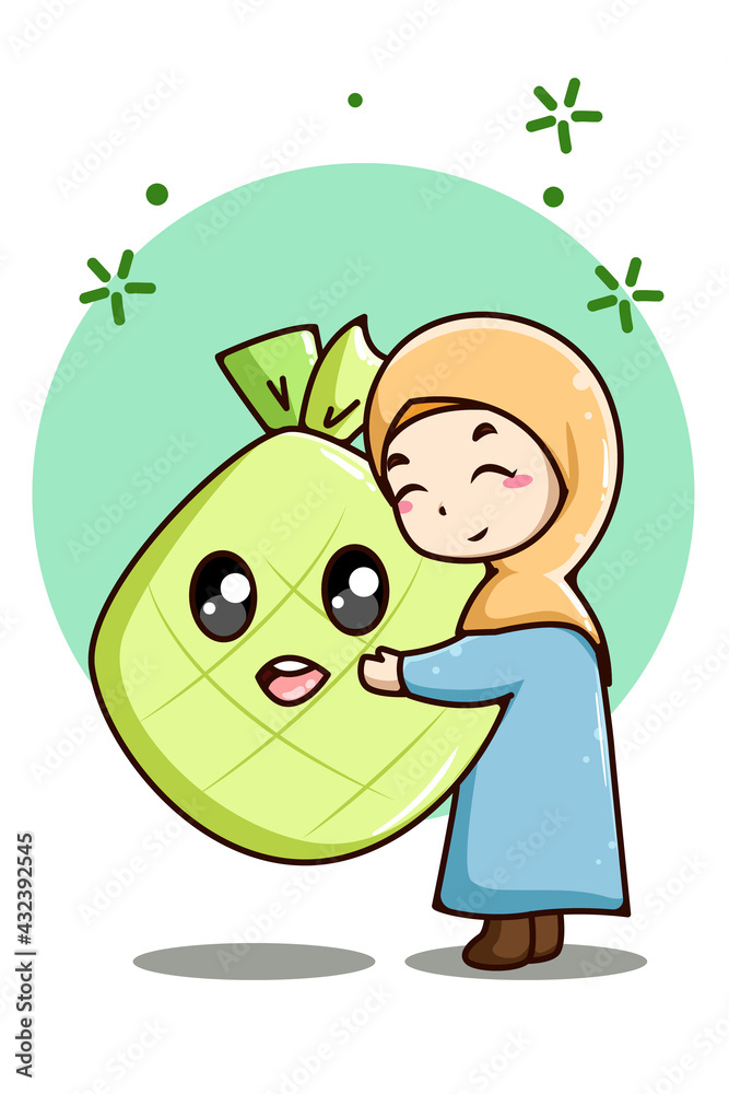 Little muslim girl with ramadan food cartoon illustration]