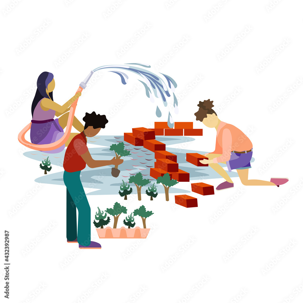 Ecofriendly people building a hydroelectric dam on white isolated