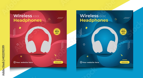 Headphone brand Instagram and Facebook social media post design, Stylish social media cover template, Editable Headphone square web banner design for social media.