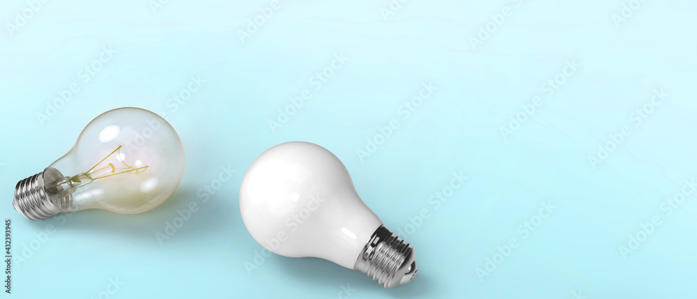 Creative Idea inspiration concept Light bulb lamp and Eco energy saving Concept on blue background. copy space, digital, banner- 3d rendering