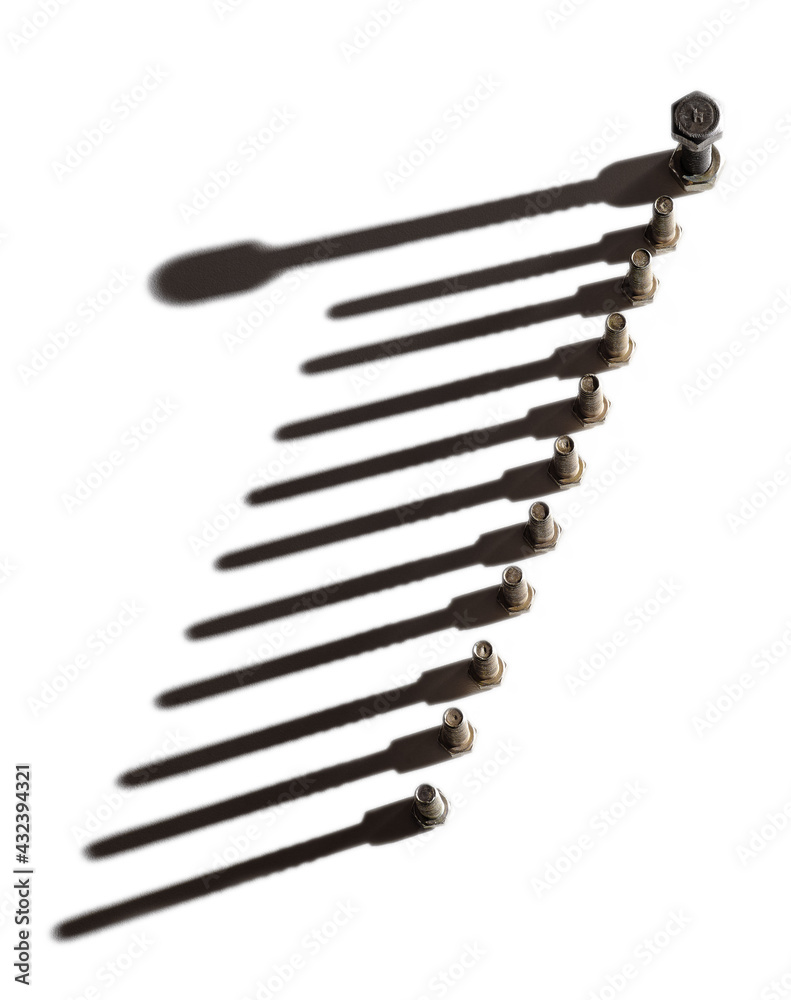 Row of screw with shadow on white background, isolated, closeup Row of screw with shadow on white background, isolated, closeup