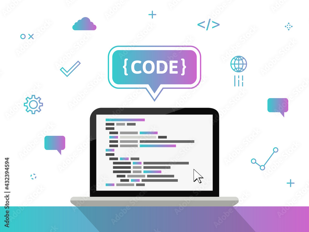 Coding, programming and abstract code seen on laptop screen. Web, app or software development concept with related icons. Coding, programming and abstract code seen on laptop screen. Web, app or software development concept with related icons.
