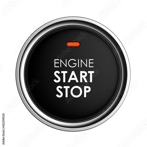 Engine start stop button. Car dashboard element. Luxury car is a new technology used of starting the engine. Black button to start the engine with inscription start, stop. 3D illustration.