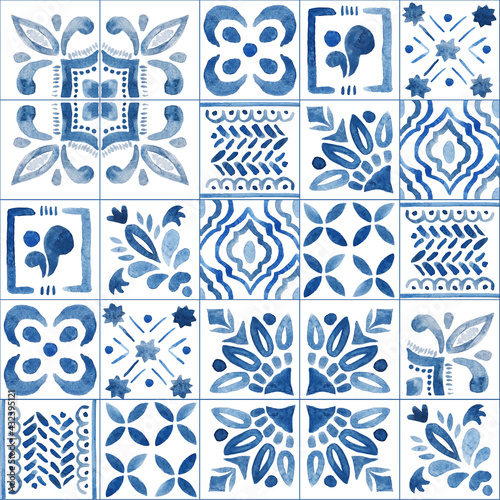 Hand drawn watercolor seamless pattern with azulejo traditional portuguese ornament in blue colors.