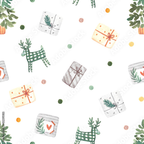 Hand drawn watercolor seamless Christmas pattern with small circles, gifts and deers in warm yellow and green colors.