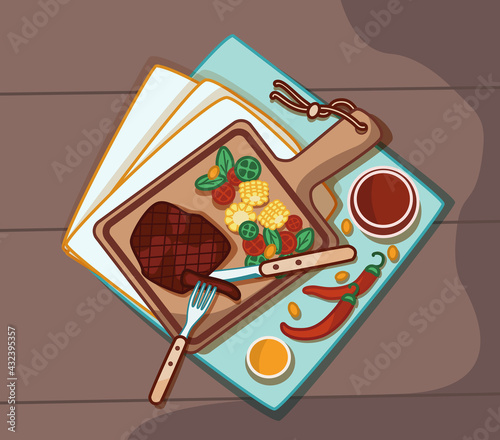 Food on a wooden board. Meat with vegetables. 