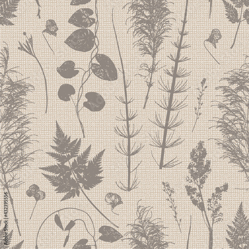 Natural Wildflowers and Herbs Prints. Grass Leaf Silhouettes. Floral Vector Background with Imitation Linen Burlap Texture. Stamp Leaves Seamless Pattern. Meadow Plants Vintage Brown Beige Wallpaper