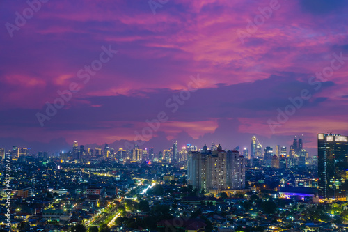 Beautiful Scenery of Jakarta Skyline from Kemayoran during sunrise and daylight