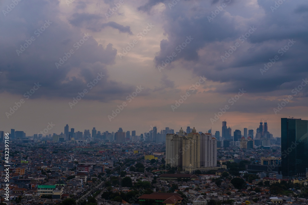 Beautiful Scenery of Jakarta Skyline from Kemayoran during sunrise and daylight