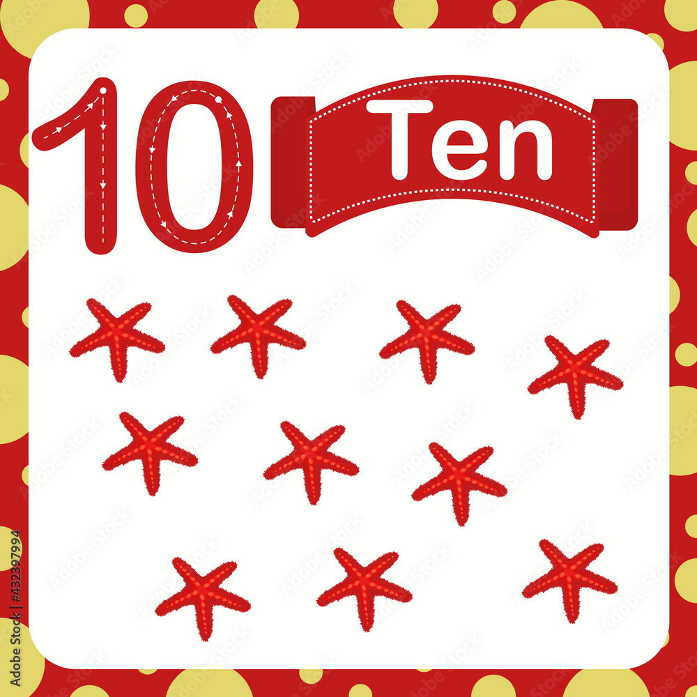 vector illustration of a children's card with number ten. The worksheet learns to count and write. vector illustration of a children's card with number ten. The worksheet learns to count and write.
