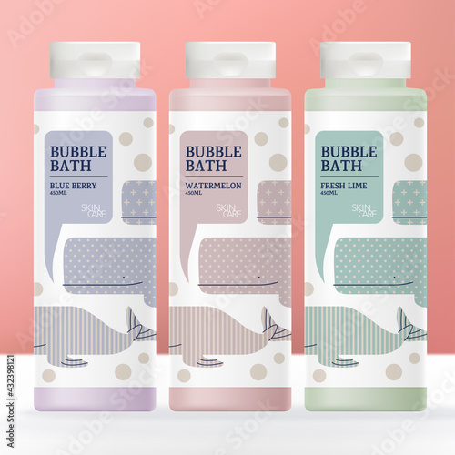 Vector Kid and Baby Health or Body Care Shampoo, Conditioner, Soap, Cream or Bubble Bath Semi Transparent Bottle with White Flip Cap.