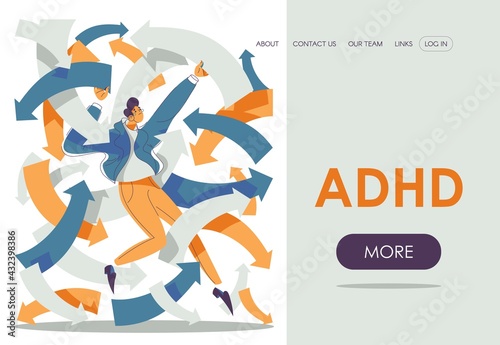 ADHD landing page template with man in doubt among plenty of arrows. Mental health banner