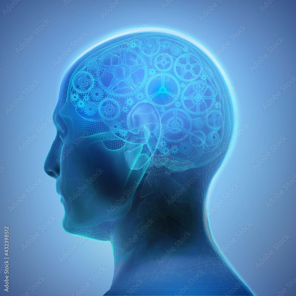 Image of a brain made of various gears and cogwheels. Creative concept of  the cognitive processes inside human mind. 3D illustration in wireframe style