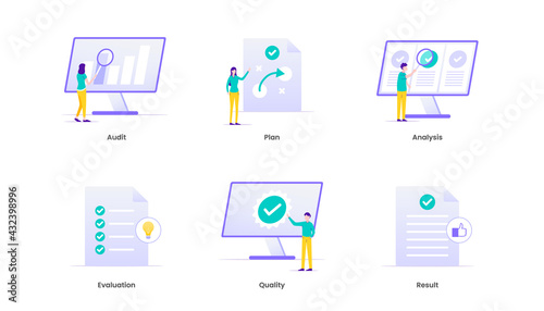 Assessment Analysis Evaluation Measure Business Analytics Vector Illustration Concept with icons. Suitable for ui, ux, web, mobile, banner and infographic.