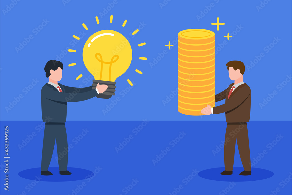 A businessman holding a glowing light bulb while another one holding pile of coins. Creative concept of exchanging idea for money. Business deal. Simple trendy cute vector flat style illustration. A businessman holding a glowing light bulb while another one holding pile of coins. Creative concept of exchanging idea for money. Business deal. Simple trendy cute vector flat style illustration.