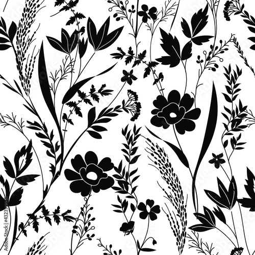 Herbarium monochrome seamless pattern with wild flowers, branches, leaves. Botanical background on white. Many kind of plants scattered random. Dark gray hand drawn elements. Design, fashion, prints