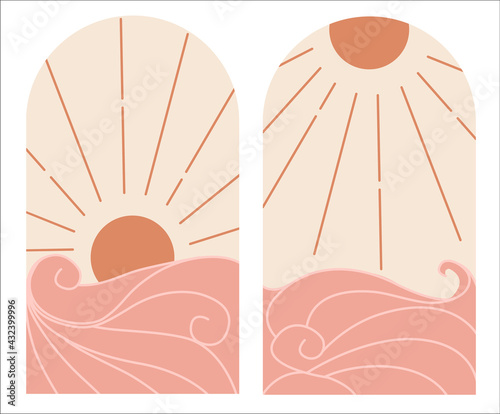Abstract contemporary aesthetic Set of Mid Century landscapes with Sunset,Sunrise and Waves in earth tone. Boho wall decor. Flat minimalist design.