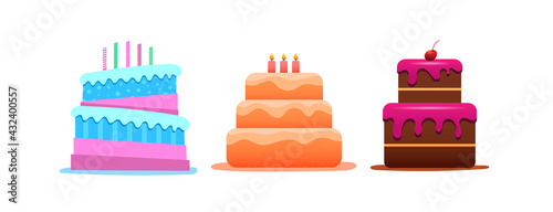 Set of vector cakes. Three cakes of different colors and shapes. Cakes isolated on white background.