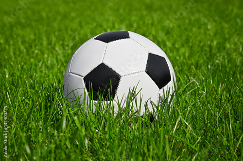 Football ball in green grass of soccer field