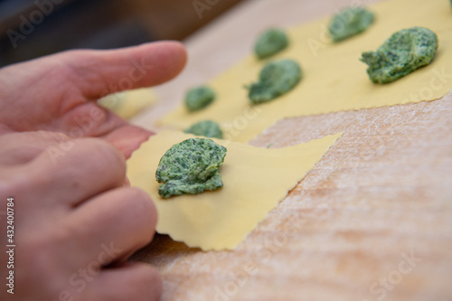 Pansoti is the name of a kind of raviolo made in Liguria, Portofino area whit inside a mix of natural herbs called Prebuggiun photo