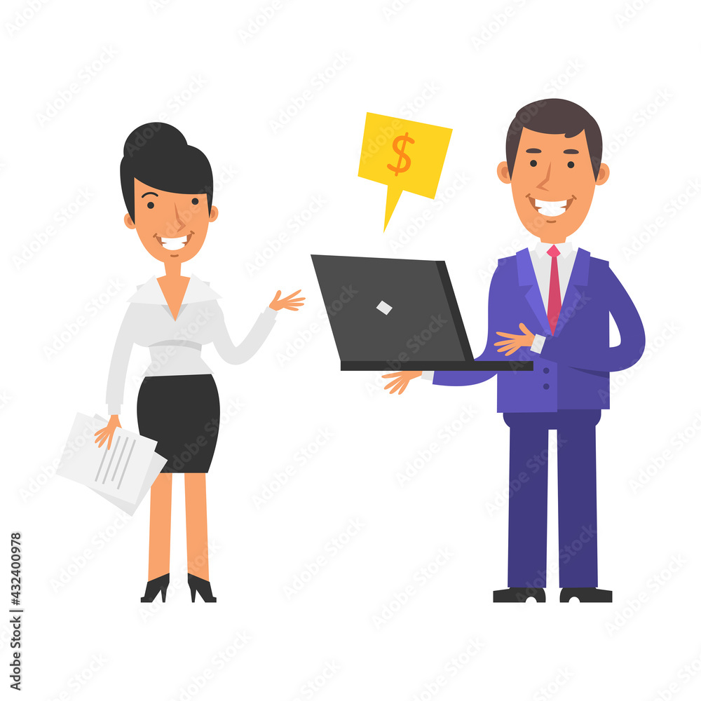 Businesswoman holding documents and smiling. Businessman holding laptop and smiling. Vector characters Businesswoman holding documents and smiling. Businessman holding laptop and smiling. Vector characters