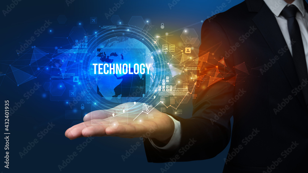 Elegant hand holding technology-related inscription