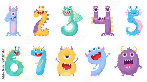Set of funny cute monster numbers in cartoon style. Vector