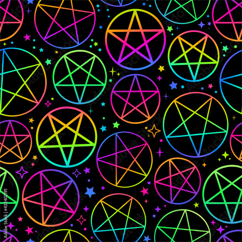 seamless pattern of neon pentagrams on black background