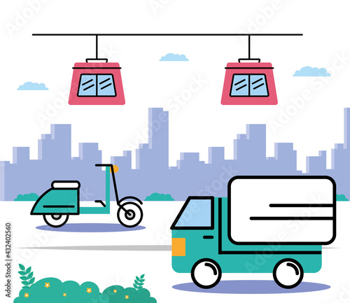 four transport vehicles scene