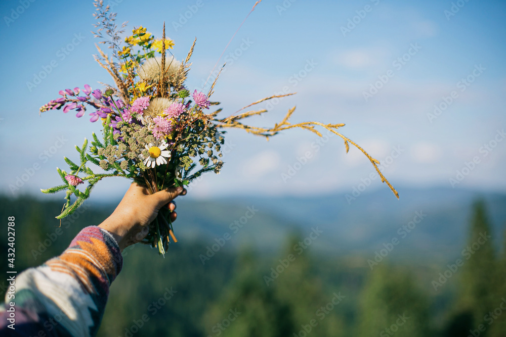 Woman traveler holding bouquet of wildflowers on background of mountains and sky. Gathering flowers - obrazy, fototapety, plakaty 