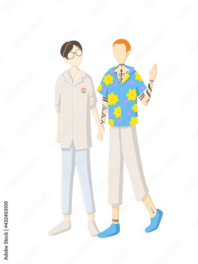 Illustration with characters. Pride month. Gay. Pansexual. Lgbt couple. Homosexual relationships. Use for websites, banners, cards. Illustration with characters. Pride month. Gay. Pansexual. Lgbt couple. Homosexual relationships. Use for websites, banners, cards.