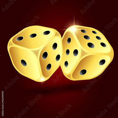 Gold dice isolated on dark red background. Vector illustration