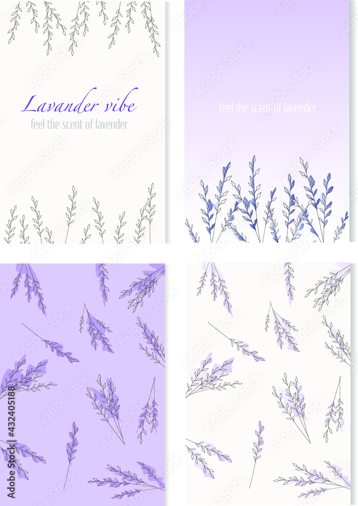 set of 4 cards with the herbal theme. lavender style. 