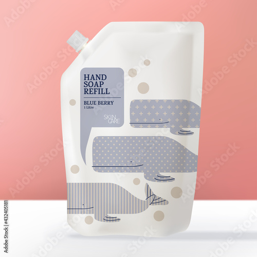 Vector Hand Soap, Sanitizer or Washing Detergent Refill Packet or Bag. Cartoon Whale Kids Pattern Theme.
