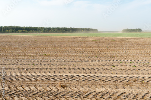 traces of cleaning equipment on the sand. An empty field after harvesting. Dry, lifeless ground close-up with traces of heavy machinery. Agricultural field