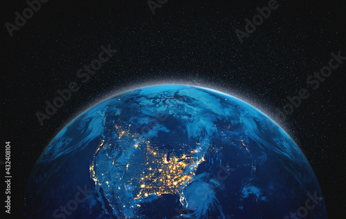 Fototapeta Naklejka Na Ścianę i Meble -  Planet earth globe view from space showing realistic earth surface and world map as in outer space point of view . Elements of this image furnished by NASA planet earth from space photos.