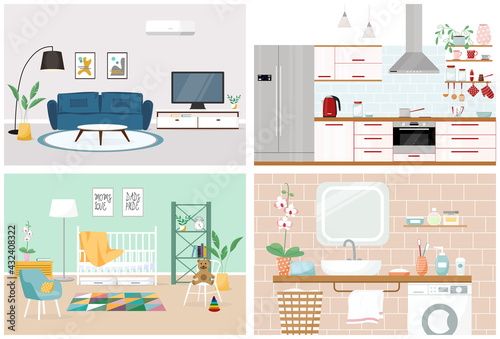 Set of vector interiors with furniture and equipment. Design of a living room, kitchen, bathroom, nursery. Flat interior concept.