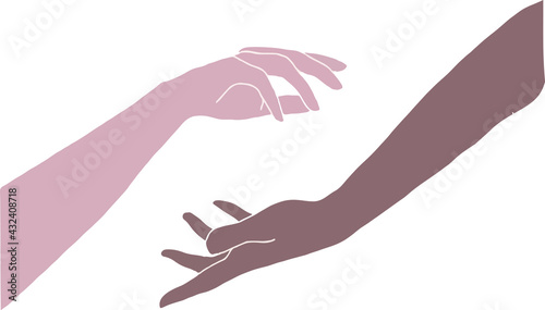 Illustration of two different racial hands, one opposite the other, hand in a yin-yang position, the concept of racial equality