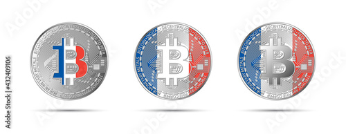 Three Bitcoin crypto coins with flag of France. Money of the future. Modern cryptocurrency vector illustration
