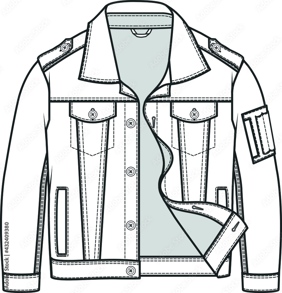 Technical Sketch Of Denim Jacket. Jean Jacket Fashion Flat Template