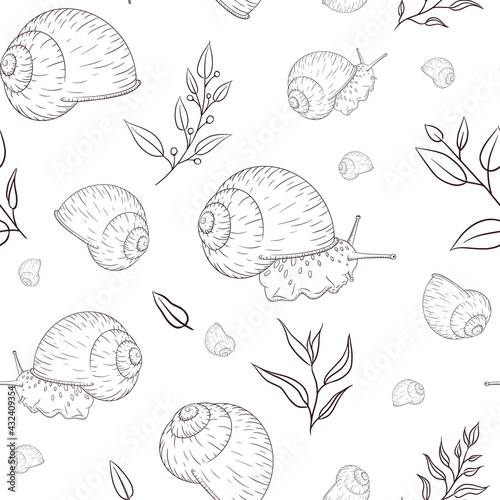 Hand Drawn Garden Snail with Floral Elements Engraved Seamless Pattern in Vintage Style. Engraved mollusk with leaves illustration for wrapping paper, background, textile and fabric