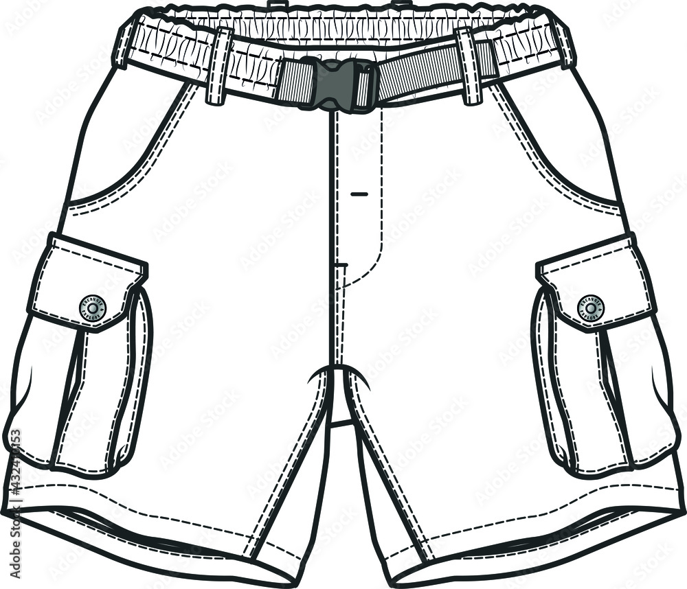 Short flat sketch. Technical drawing of fashion shorts for teenagers Short flat sketch. Technical drawing of fashion shorts for teenagers