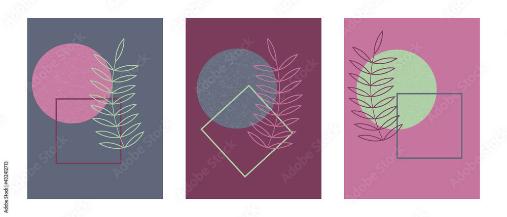 Set of abstract geometric posters. Modern pictures with minimalist shapes for wall decor. Design with leaf and simple figures. Template for banner, social media, brochure, postcard Set of abstract geometric posters. Modern pictures with minimalist shapes for wall decor. Design with leaf and simple figures. Template for banner, social media, brochure, postcard