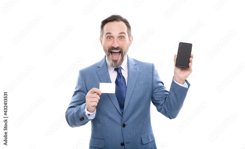 customer use online money on mobile phone. man show business name card. customer use online money on mobile phone. man show business name card.