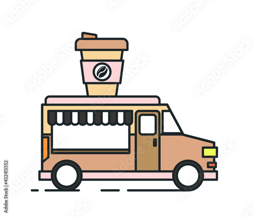 Street Food Truck. Coffee truck colorful flat line illustration.
