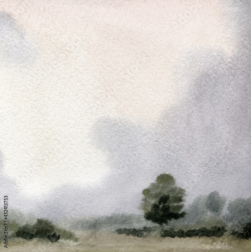 Watercolor landscape. Road in a wheat field