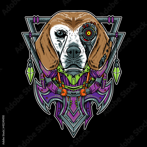 Cool beagle dog pet vector geometry robotic illustration. Isolated on black background